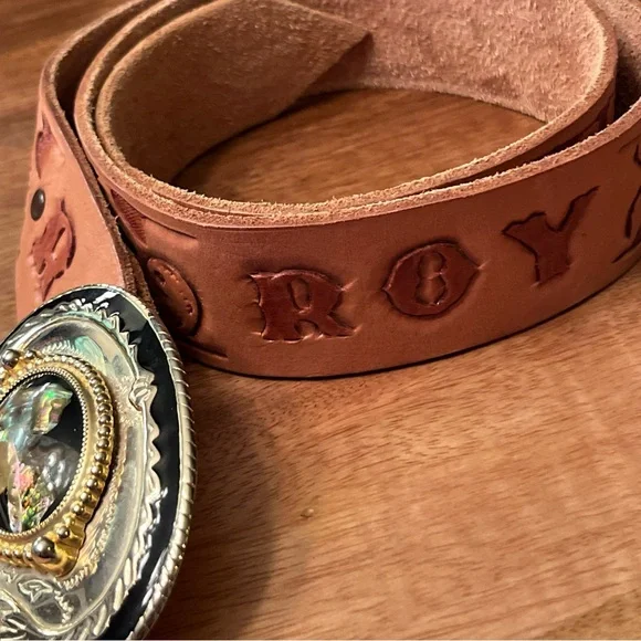Vintage Tooled Leather Belt - Gold Black & Abalone Buckle- “Roy” 35-39” - Picture 4 of 9